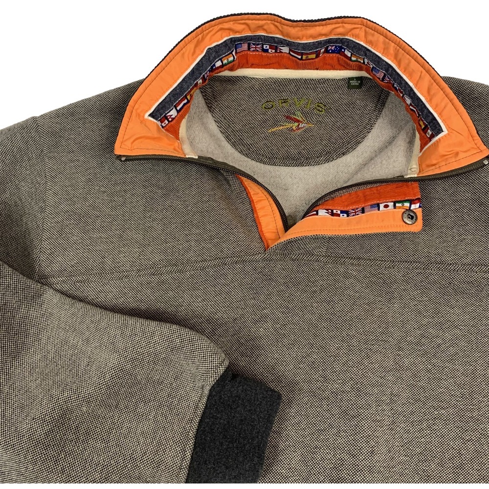 Orvis 1/4 Zip Pullover Sweater Men’s Large Gray Black Flags of the World